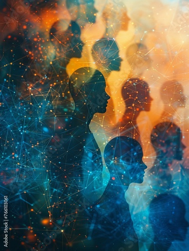 Capture the essence of AIs influence on society through a close-up of a neural network overlaid with silhouettes of diverse individuals, representing its reach and impact photo