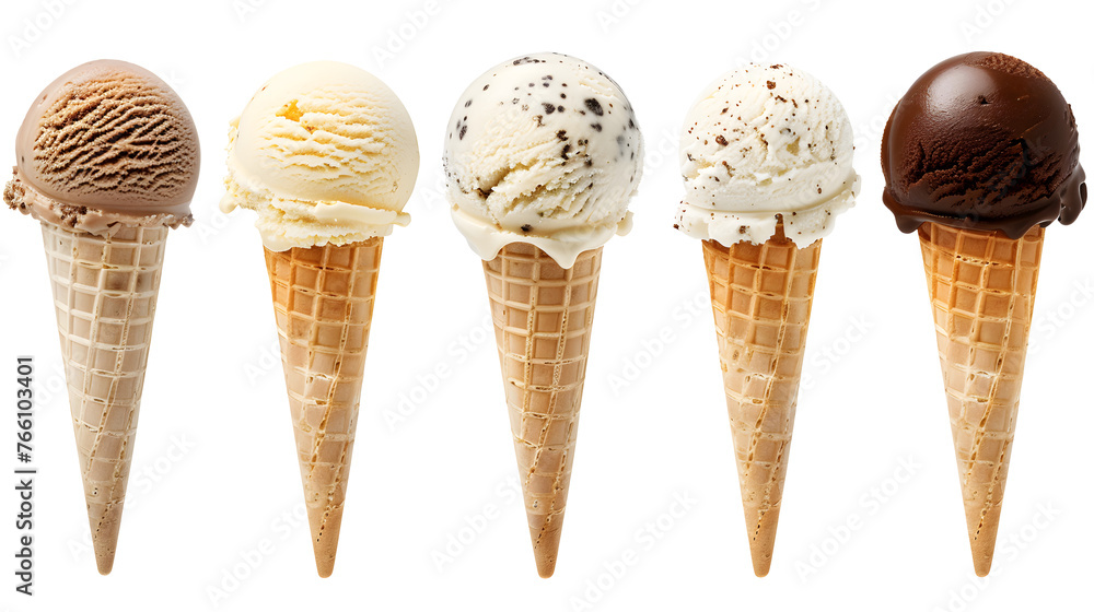 Set of various ice cream scoops in waffle cones isolated on white background Set of various ice cream scoops in waffle cones isolated on white background