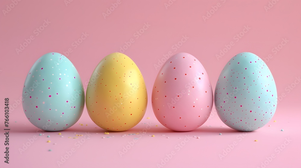 Pastel-colored Easter eggs are featured in a 3D render against a soft pink background, imbuing the scene with a sense of whimsy and joy.