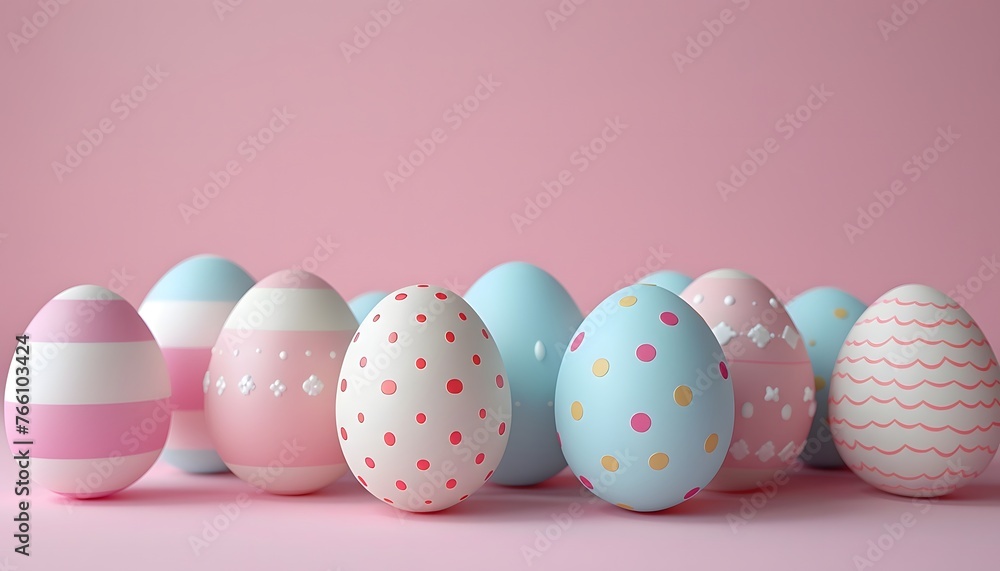 In a 3D render, pastel-colored Easter eggs, which are placed against a soft pink background, creating a delightful and enchanting display.