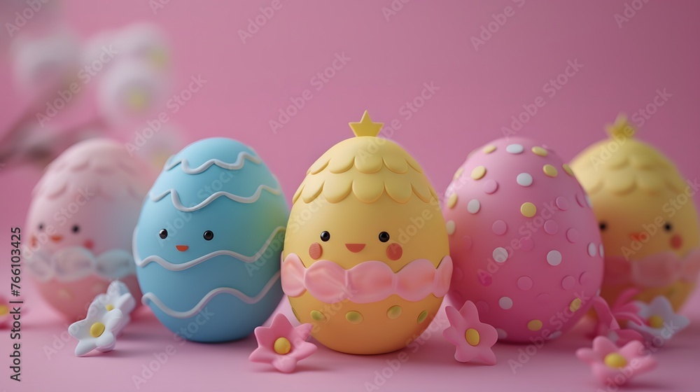 Charming character-themed Easter eggs with cute faces and pastel colors delightfully arranged on a pink backdrop.