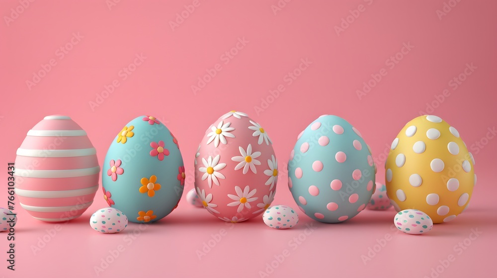 In a 3D render, pastel-colored Easter eggs, a soft pink background, creating a whimsical and charming scene perfect for celebrating the Easter holiday. In a 3D render, pastel-colored Easter eggs, a soft pink background, creating a whimsical and charming scene perfect for celebrating the Easter holiday.