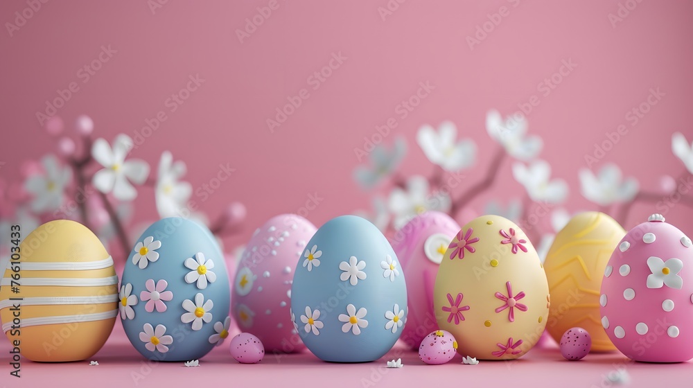Set against a soft pink background, delicate flowers adorn pastel-colored Easter eggs in a 3D render, creating a charming and festive depiction perfect for the Easter season.