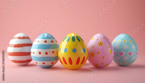Pastel-colored Easter eggs in a 3D render, set against a soft pink background, capturing the enchanting spirit of the Easter season.