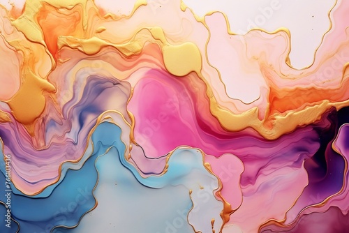 Alcohol ink art technique. Natural luxury abstract fluid art painting. Tender and dreamy wallpaper. Mixture of colors. Waves and golden swirls. For posters, wall art, other printed materials