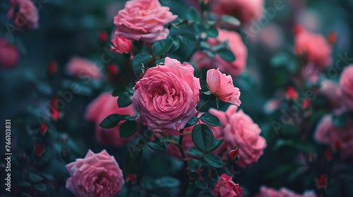 Vertical shot of a garden of pink roses with a blurry background,Generative ai