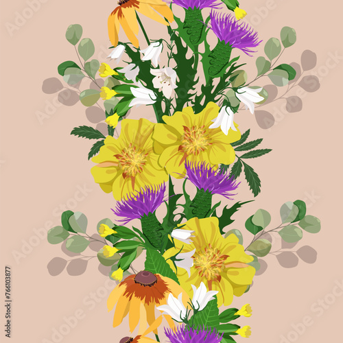 Vector pattern with primrose, thistle, marigold, field bells on a beige background.