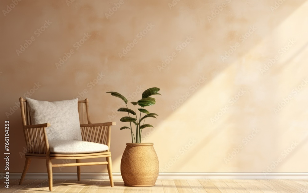 Empty beige wall mockup in room interior with wicker armchair and vase