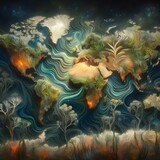 Textures and plants on world map and ocean currents