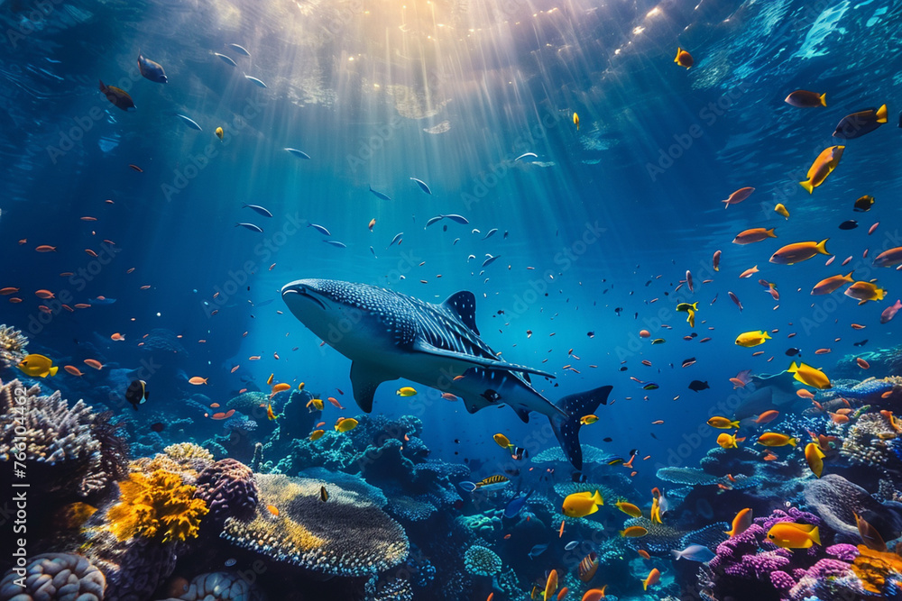 Obraz premium Marine Paradise: Panoramic Coral Reef with Tropical Fish and Majestic Sea Creatures