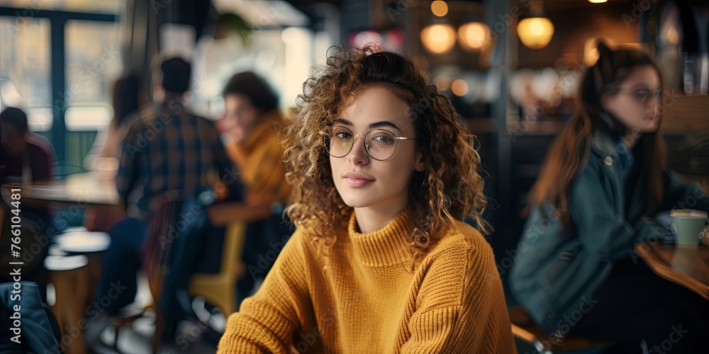 portrait of an attractive young woman with glasses, curly hair and wearing a mustard sweater, generative AI portrait of an attractive young woman with glasses, curly hair and wearing a mustard sweater, generative AI