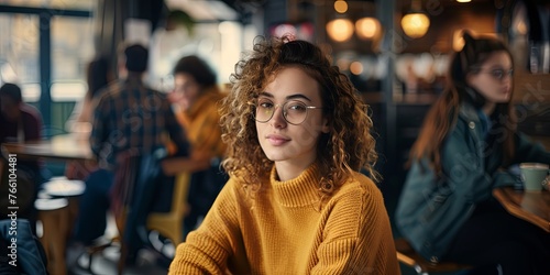 portrait of an attractive young woman with glasses, curly hair and wearing a mustard sweater, generative AI
