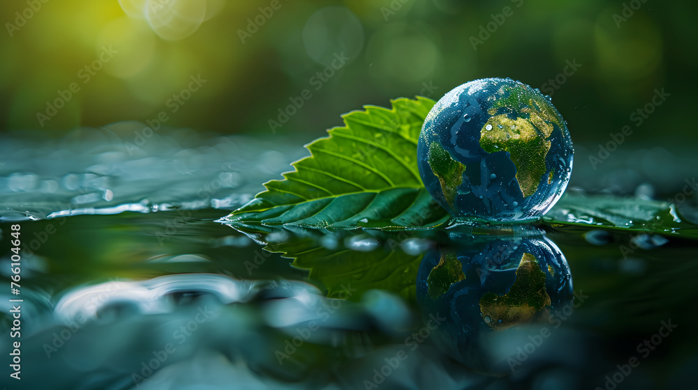A leaf with a water droplet on it, and a smaller globe within the droplet. A leaf with a water droplet on it, and a smaller globe within the droplet.