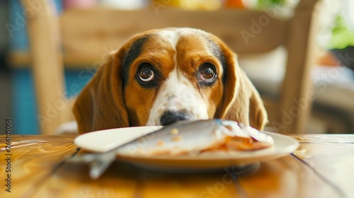 Beagle dog try to scrounge a fish from the table
