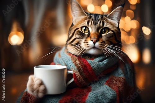 Important cat in a scarf with a cup of coffee