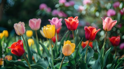 Colorful tulips flowers blooming in a garden ,Generative ai, 