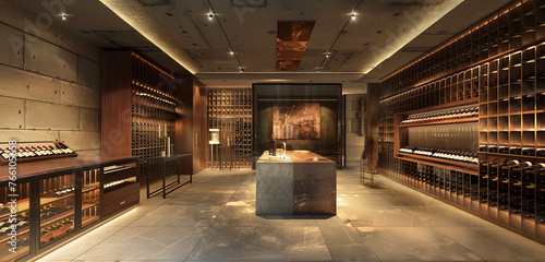 A sophisticated wine cellar with climate-controlled racks and a tasting area for connoisseurs.