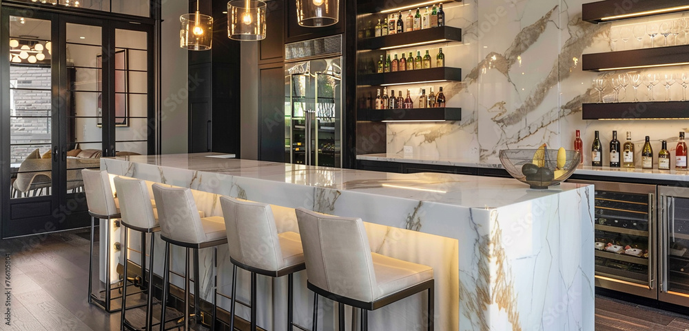 A stylish bar area with a marble countertop, wine fridge, and elegant bar stools.