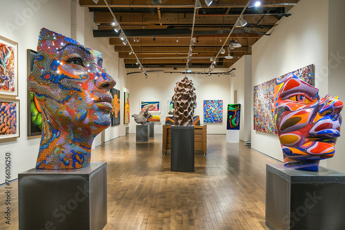 A contemporary art gallery showcasing striking sculptures and vibrant abstract paintings.