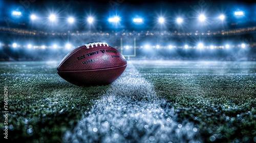 A football lying on the 50-yard line under stadium lights, symbolizing the quiet before the storm of an NFL showdown, emphasizing the anticipation without needing a human element photo