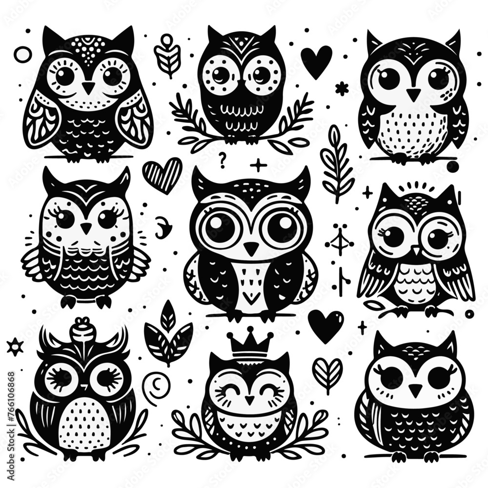 Fototapeta premium Set of owls vector collection