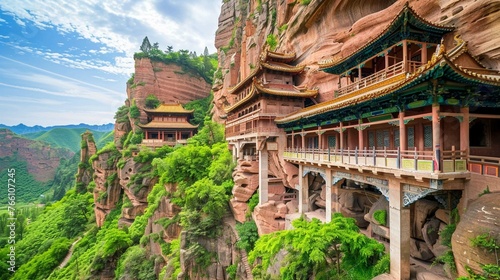 Maijishan Cave-Temple Complex in Tianshui city, Gansu Province China. A mountain with religious caves on the Silk Road photo