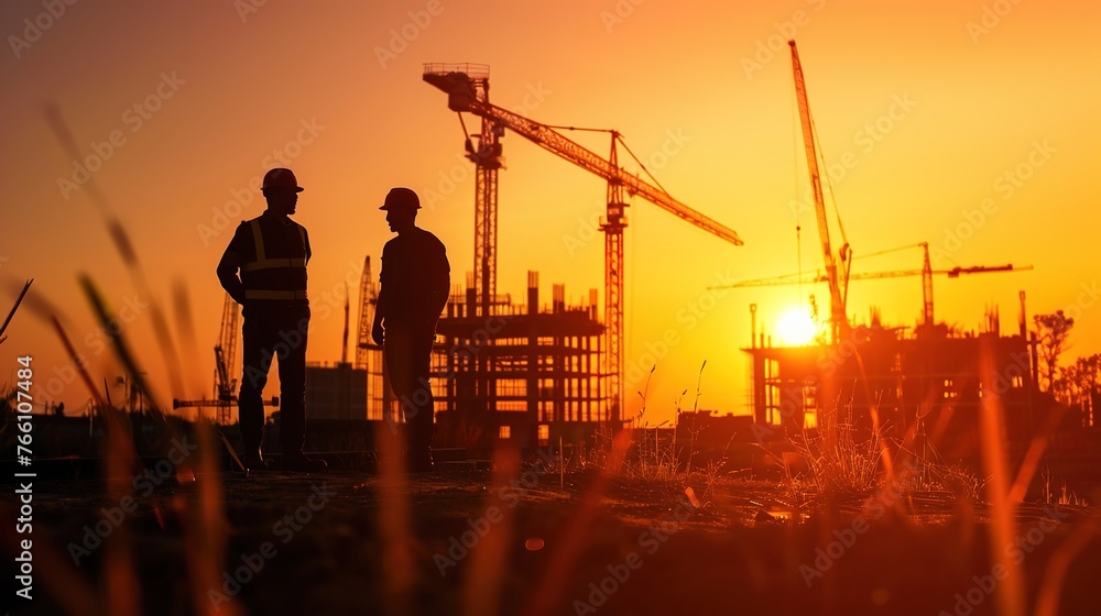 Engineer and laborer silhouettes on a construction site