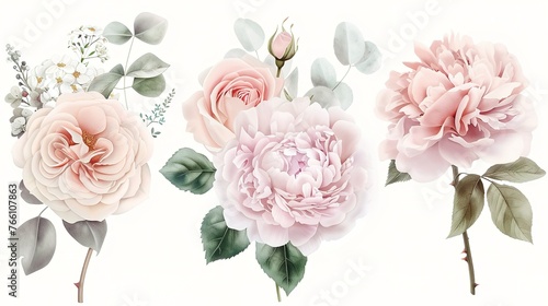 Dusty pink and cream rose, peony, hydrangea flower, tropical leaves vector garland wedding bouquet.Eucalyptus, greenery.Floral pastel .Spring bouquet.Elements are isolated and editable ,Generative ai,