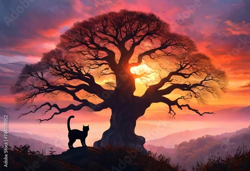 A majestic tree stands tall against the backdrop of a vibrant sunset, its silhouette adorned by the graceful presence of a cat perched on one of its branches