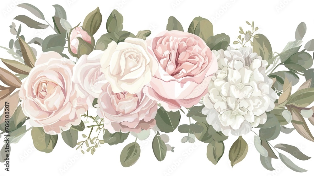Dusty pink and cream rose, peony, hydrangea flower, tropical leaves vector garland wedding bouquet.Eucalyptus, greenery.Floral pastel .Spring bouquet.Elements are isolated and editable ,Generative ai,
