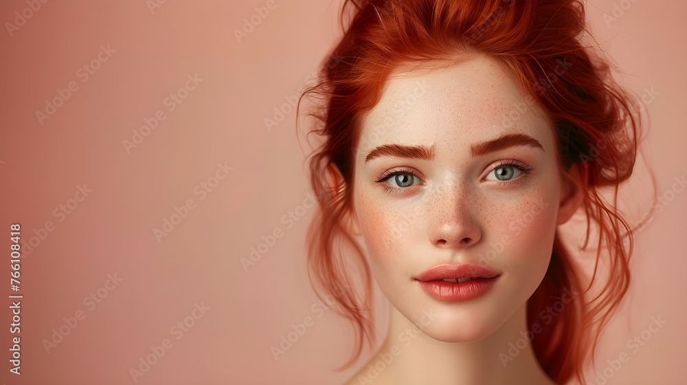 Fototapeta premium The high-quality image, reflecting the care of skin and cosmetics, presents a portrait of a red-haired model with a bright smile, which conveys an atmosphere of freshness and well-being.