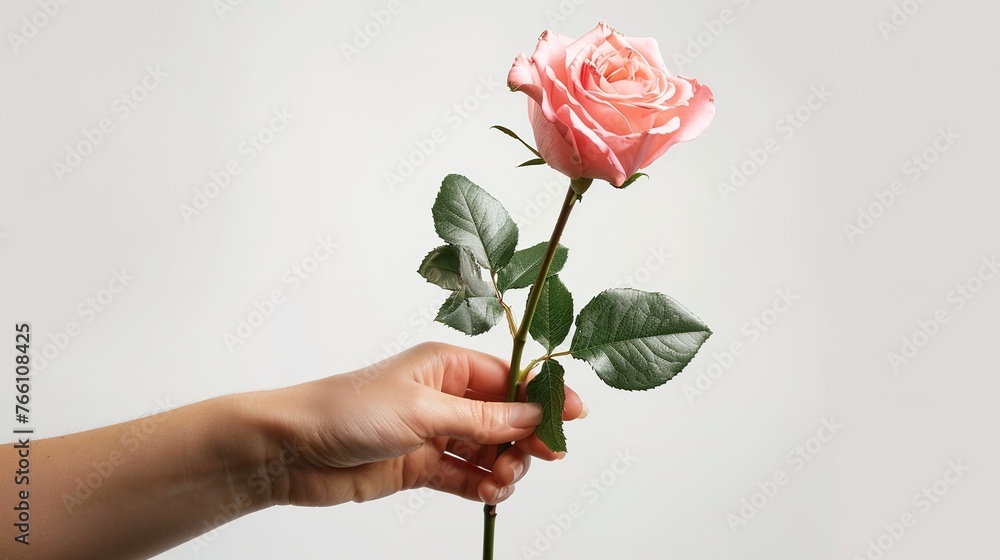 holding a pink rose on white background. Isolated,Generative ai,