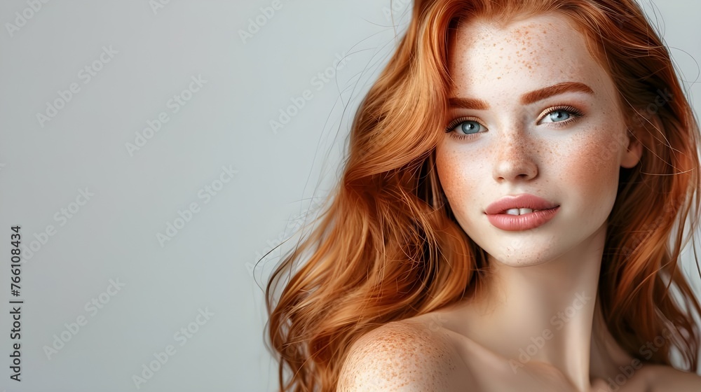 An attractive photo that fits into the concept of skin care and cosmetics includes a portrait of a smiling red-haired woman, which reflects her natural beauty and joy. An attractive photo that fits into the concept of skin care and cosmetics includes a portrait of a smiling red-haired woman, which reflects her natural beauty and joy.