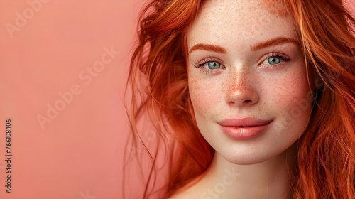  A high-resolution photo showing the idea of skin care and cosmetics presents a portrait of a happy red-haired model girl, which conveys freshness and energy.