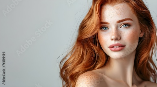 An attractive photo that fits into the concept of skin care and cosmetics includes a portrait of a smiling red-haired woman, which reflects her natural beauty and joy.