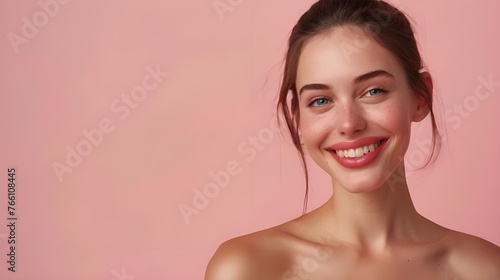The photo of a beautiful happy model girl is a prime example of the concept of skin care, emphasizing the importance of confidence and natural beauty.