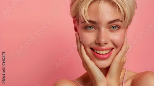 An attractive image with a place for text perfectly conveys the idea of skin care  showing a portrait of a beautiful blonde model with a beautiful face.