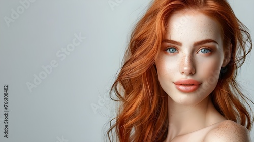 An excellent photo with space for text, demonstrating the concept of skin care and cosmetics, includes a portrait of a red-haired woman with a beautiful face, which emphasizes her natural beauty 
