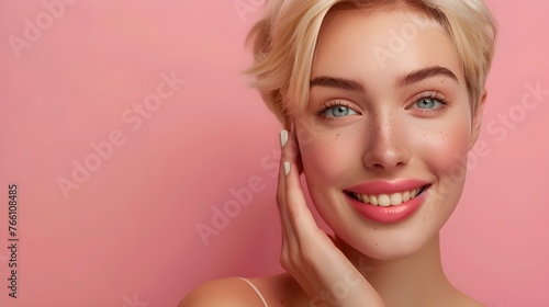 A high-quality image illustrating the idea of skin care and cosmetics creates the image of a happy and confident blonde model.
