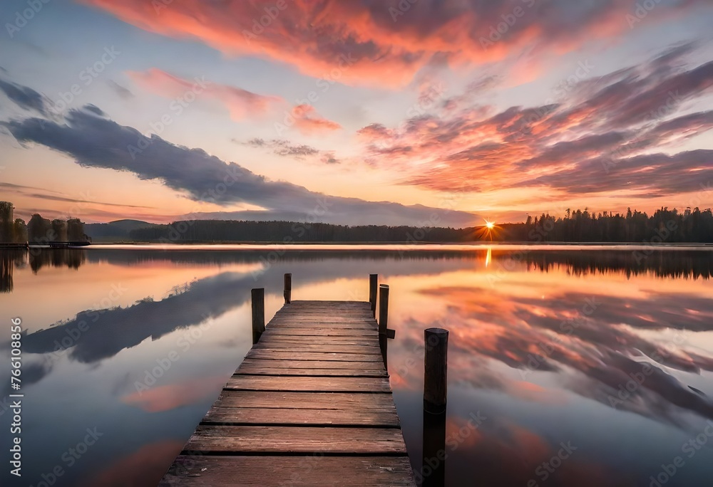 A tranquil sunrise casting warm hues across the sky, reflected on the calm surface of a lake with a jetty extending into the water, creating a picturesque scene of serenity.