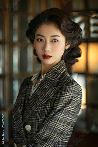 A beautiful woman wearing a 1930s tailored suit