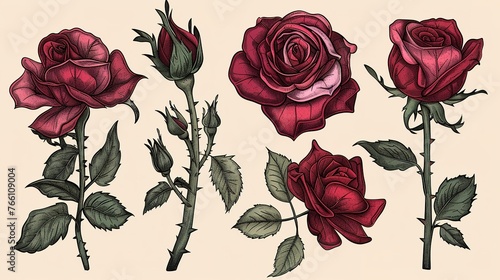 rose flower set for invitaion, card and fabric design,Generative ai,  © mangsi