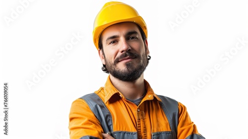 Portrait of a worker with tools, hard hat, and determination on white