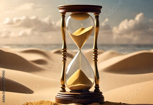 An hourglass standing tall on a wooden pedestal, its golden sand slowly trickling from one bulb to the other, symbolizing the passage of time