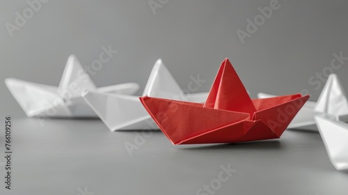 success leadership concept  Red leader boat leading white  strategy planning development  concept of leader and business team.