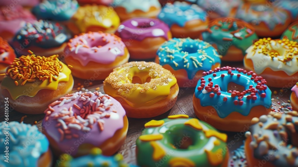 The image shows a detailed view of a table covered in vegan raw donuts that are vibrant in color.
