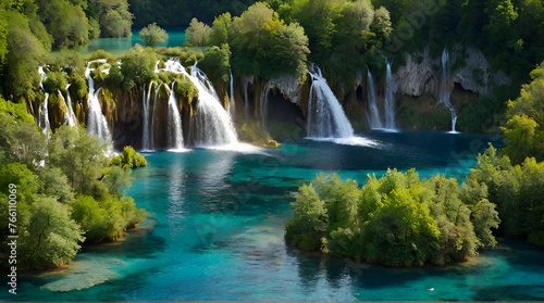Exotic waterfall and lake landscape of Plitvice Lakes National Park  UNESCO natural world heritage and famous travel destination of Croatia. The lakes are located in central Croatia  .Generative AI