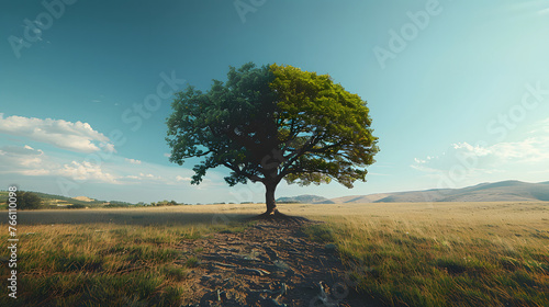 A tree in the middle of a field, with one half green and lush, and the other half dry and dead. photo