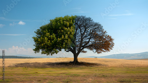 A tree in the middle of a field  with one half green and lush  and the other half dry and dead.