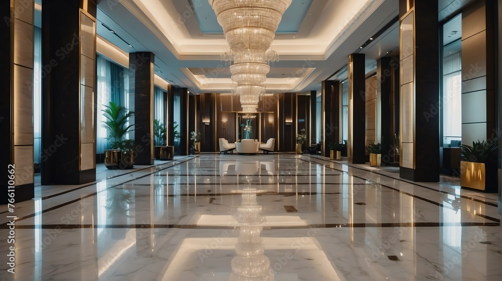 White themed hotel walkway with luxury carpet with stunning chandelier and polished marble floor from Generative AI - obrazy, fototapety, plakaty 
